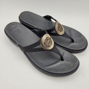 Crocs Sanrah Women's Sz 8 Circle Medallion Flip Flops Wedge Sandals Black